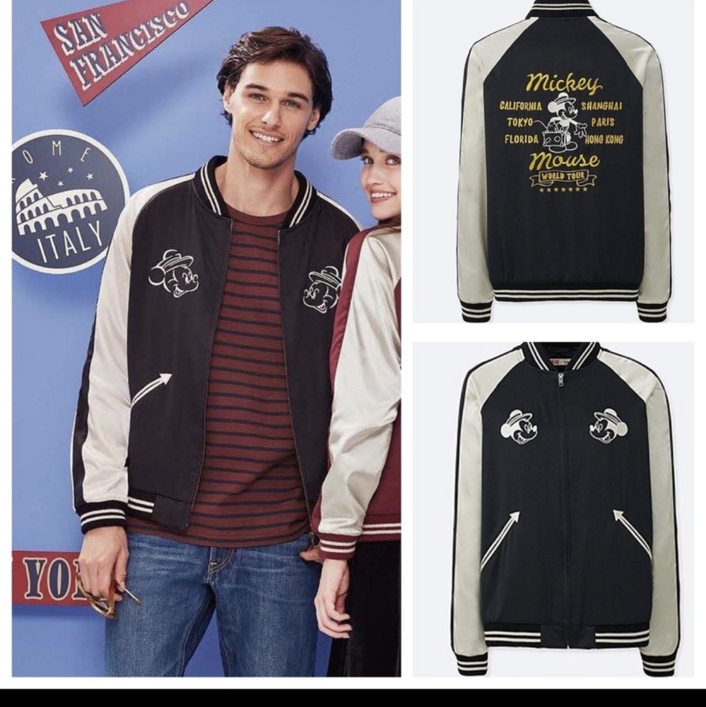 🌶️ NWOT Disney Uniqlo Mickey mouse travels world tour varsity bomber jacket